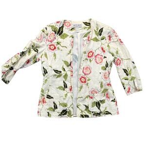 Kemp Collection Pink Floral Linen Blend Open Jacket w/Pockets 3/4 Sleeve Size 8